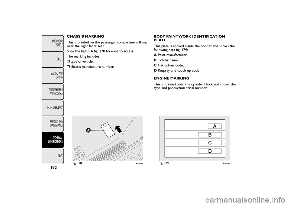 FIAT QUBO 2014 1.G Owners Manual CHASSIS MARKING
This is printed on the passenger compartment floor,
near the right front seat.
Slide the hatch A fig. 178 forward to access.
The marking includes:
❒type of vehicle;
❒chassis manufa FIAT QUBO 2014 1.G Owners Manual CHASSIS MARKING
This is printed on the passenger compartment floor,
near the right front seat.
Slide the hatch A fig. 178 forward to access.
The marking includes:
❒type of vehicle;
❒chassis manufa