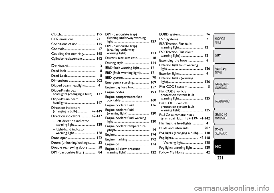 FIAT QUBO 2014 1.G Owners Manual Clutch ........................................... 195
CO2 emissions ........................... 211
Conditions of use ...................... 115
Controls........................................ 47
Co