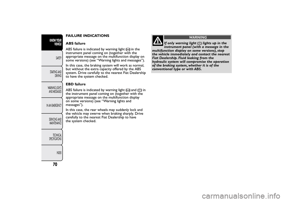 FIAT QUBO 2014 1.G Manual PDF FAILURE INDICATIONS
ABS failure
ABS failure is indicated by warning light
in the
instrument panel coming on (together with the
appropriate message on the multifunction display on
some versions) (see â FIAT QUBO 2014 1.G Manual PDF FAILURE INDICATIONS
ABS failure
ABS failure is indicated by warning light
in the
instrument panel coming on (together with the
appropriate message on the multifunction display on
some versions) (see â