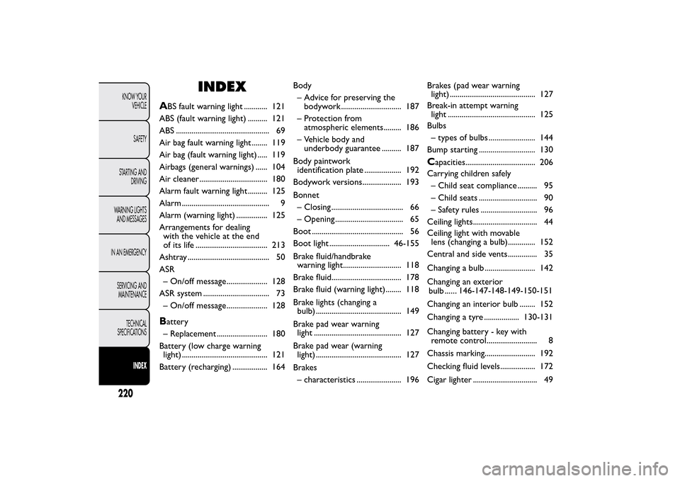 FIAT QUBO 2015 1.G Owners Manual INDEX
A
BS fault warning light ............ 121
ABS (fault warning light) .......... 121
ABS ................................................ 69
Air bag fault warning light ........ 119
Air bag (fault FIAT QUBO 2015 1.G Owners Manual INDEX
A
BS fault warning light ............ 121
ABS (fault warning light) .......... 121
ABS ................................................ 69
Air bag fault warning light ........ 119
Air bag (fault