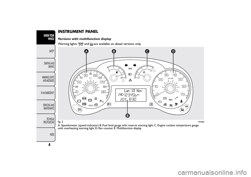 FIAT QUBO 2015 1.G Owners Manual INSTRUMENT PANELVersions with multifunction display
Warning lights
and
are available on diesel versions only.
A. Speedometer (speed indicator) B. Fuel level gauge with reserve warning light C. Engine 