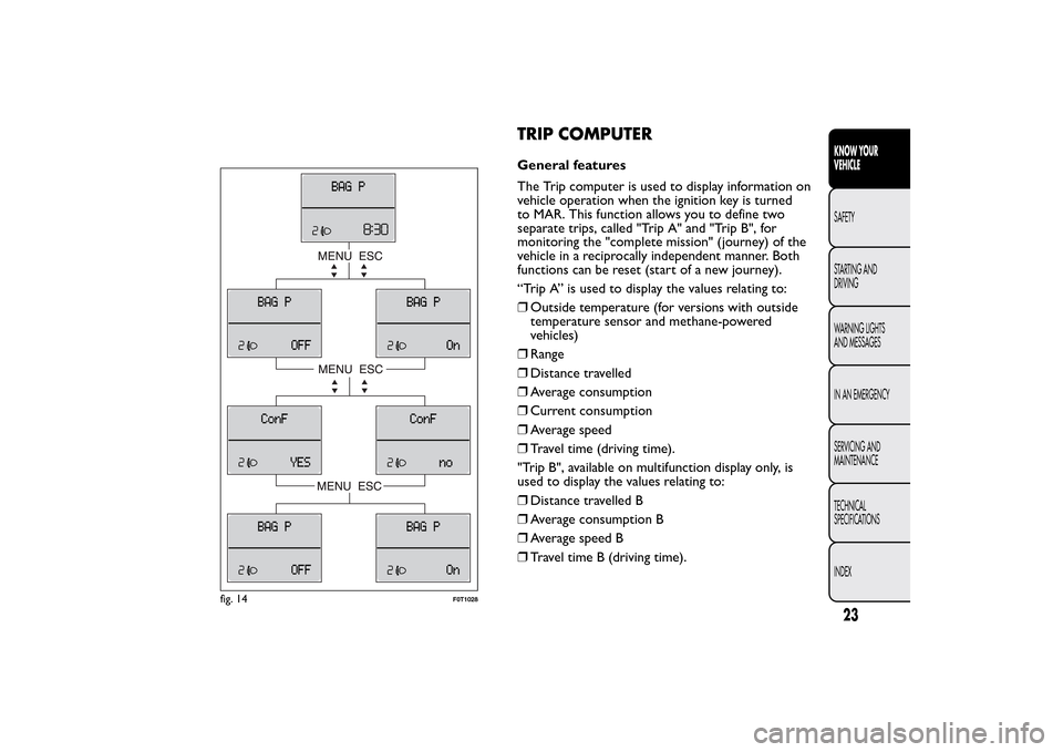 FIAT QUBO 2016 1.G Owners Manual TRIP COMPUTERGeneral features
The Trip computer is used to display information on
vehicle operation when the ignition key is turned
to MAR. This function allows you to define two
separate trips, calle