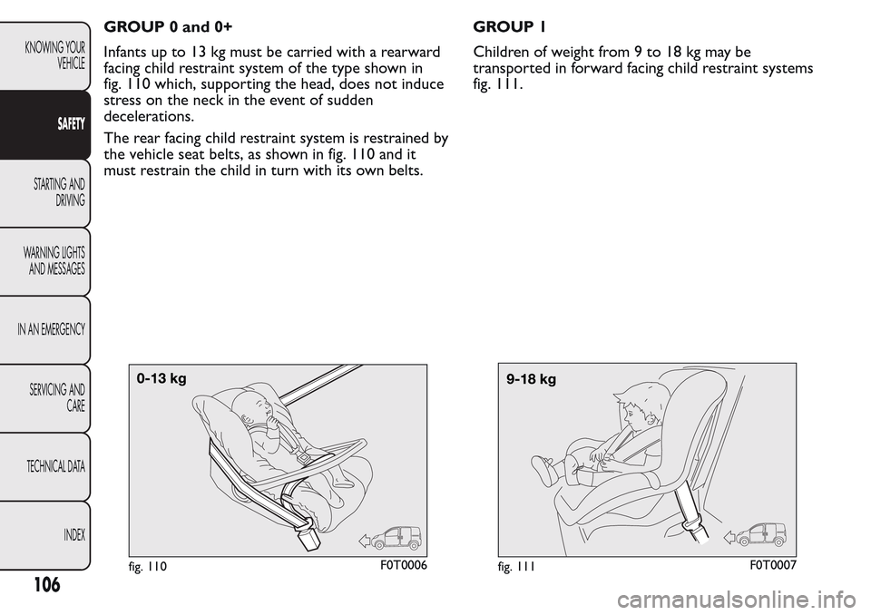FIAT QUBO 2017 1.G Owners Manual GROUP 0 and 0+
Infants up to 13 kg must be carried with a rearward
facing child restraint system of the type shown in
fig. 110 which, supporting the head, does not induce
stress on the neck in the eve FIAT QUBO 2017 1.G Owners Manual GROUP 0 and 0+
Infants up to 13 kg must be carried with a rearward
facing child restraint system of the type shown in
fig. 110 which, supporting the head, does not induce
stress on the neck in the eve