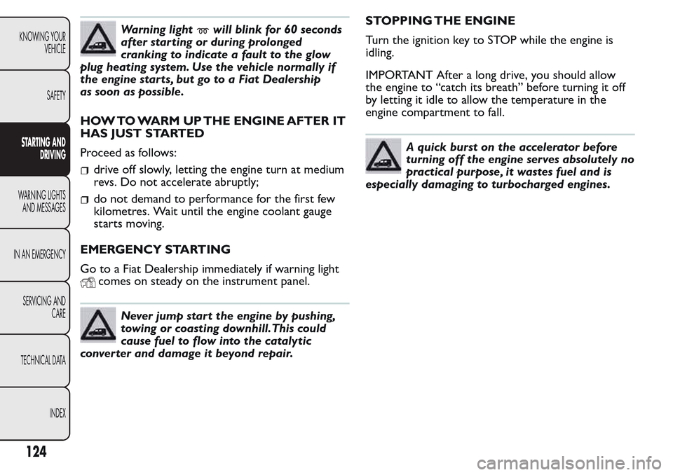 FIAT QUBO 2017 1.G Owners Manual Warning lightwill blink for 60 seconds
after starting or during prolonged
cranking to indicate a fault to the glow
plug heating system. Use the vehicle normally if
the engine starts, but go to a Fiat FIAT QUBO 2017 1.G Owners Manual Warning lightwill blink for 60 seconds
after starting or during prolonged
cranking to indicate a fault to the glow
plug heating system. Use the vehicle normally if
the engine starts, but go to a Fiat