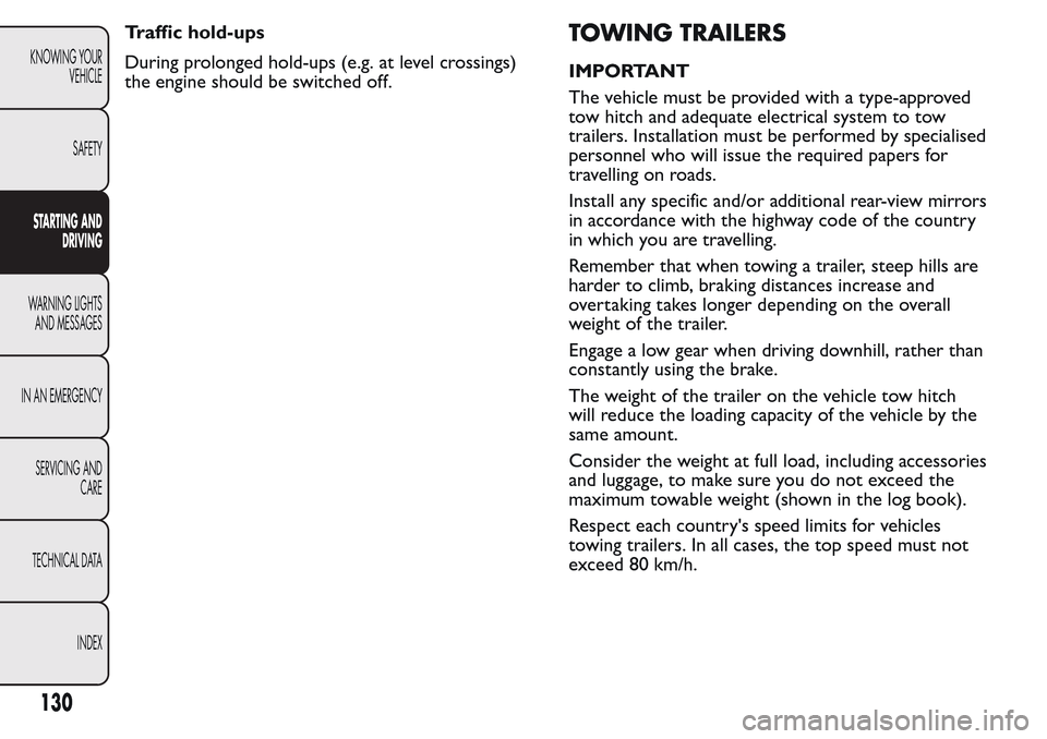 FIAT QUBO 2017 1.G Owners Manual Traffic hold-ups
During prolonged hold-ups (e.g. at level crossings)
the engine should be switched off.TOWING TRAILERS
IMPORTANT
The vehicle must be provided with a type-approved
tow hitch and adequat FIAT QUBO 2017 1.G Owners Manual Traffic hold-ups
During prolonged hold-ups (e.g. at level crossings)
the engine should be switched off.TOWING TRAILERS
IMPORTANT
The vehicle must be provided with a type-approved
tow hitch and adequat