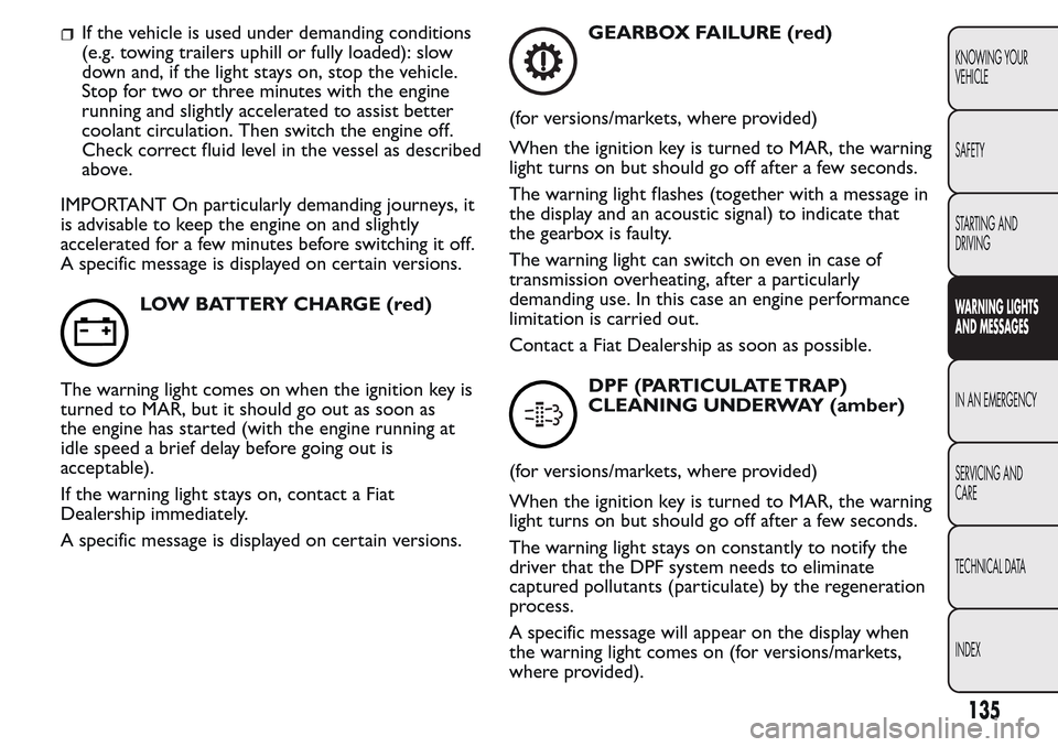 FIAT QUBO 2017 1.G Owners Manual If the vehicle is used under demanding conditions
(e.g. towing trailers uphill or fully loaded): slow
down and, if the light stays on, stop the vehicle.
Stop for two or three minutes with the engine
r