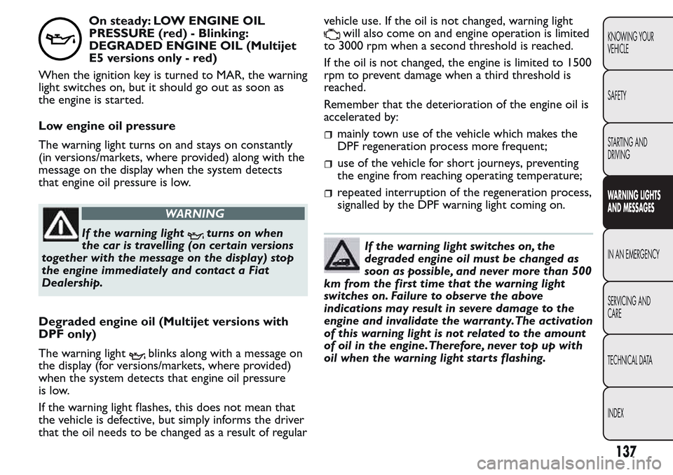 FIAT QUBO 2017 1.G Owners Manual On steady: LOW ENGINE OIL
PRESSURE (red) - Blinking:
DEGRADED ENGINE OIL (Multijet
E5 versions only - red)
When the ignition key is turned to MAR, the warning
light switches on, but it should go out a