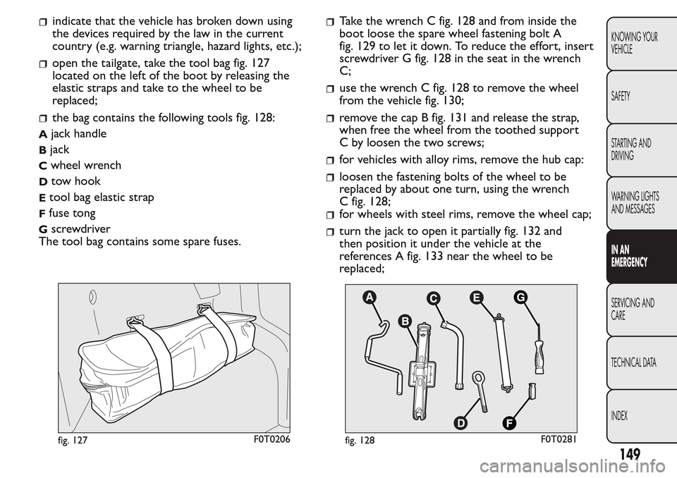 FIAT QUBO 2017 1.G Owners Manual indicate that the vehicle has broken down using
the devices required by the law in the current
country (e.g. warning triangle, hazard lights, etc.);
open the tailgate, take the tool bag fig. 127
locat FIAT QUBO 2017 1.G Owners Manual indicate that the vehicle has broken down using
the devices required by the law in the current
country (e.g. warning triangle, hazard lights, etc.);
open the tailgate, take the tool bag fig. 127
locat