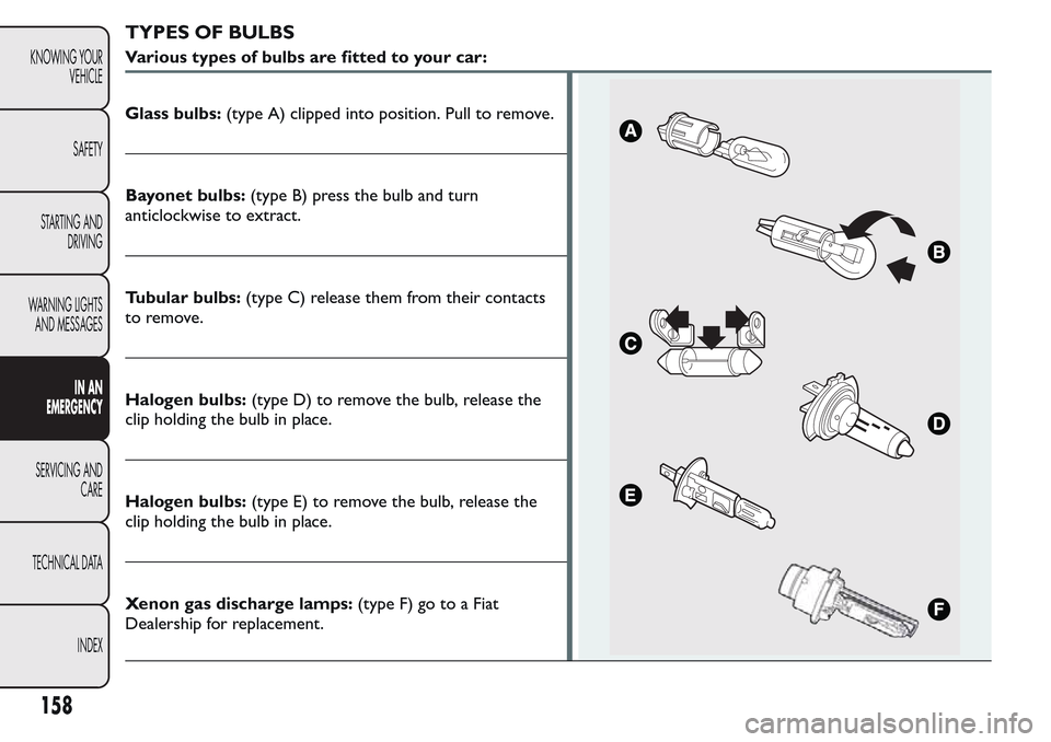FIAT QUBO 2017 1.G Owners Manual TYPES OF BULBS
Various types of bulbs are fitted to your car:
Glass bulbs:(type A) clipped into position. Pull to remove.
Bayonet bulbs:(type B) press the bulb and turn
anticlockwise to extract.
Tubul FIAT QUBO 2017 1.G Owners Manual TYPES OF BULBS
Various types of bulbs are fitted to your car:
Glass bulbs:(type A) clipped into position. Pull to remove.
Bayonet bulbs:(type B) press the bulb and turn
anticlockwise to extract.
Tubul