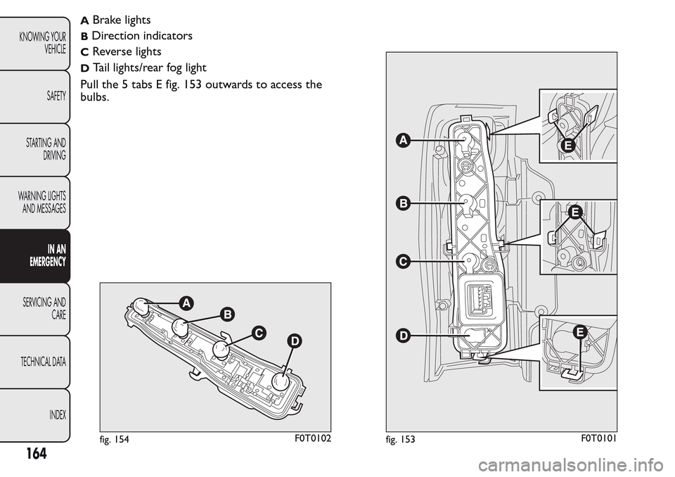 FIAT QUBO 2017 1.G Owners Manual ABrake lights
BDirection indicators
CReverse lights
DTail lights/rear fog light
Pull the 5 tabs E fig. 153 outwards to access the
bulbs.
fig. 154F0T0102fig. 153F0T0101
164
KNOWING YOUR
VEHICLE
SAFETY
FIAT QUBO 2017 1.G Owners Manual ABrake lights
BDirection indicators
CReverse lights
DTail lights/rear fog light
Pull the 5 tabs E fig. 153 outwards to access the
bulbs.
fig. 154F0T0102fig. 153F0T0101
164
KNOWING YOUR
VEHICLE
SAFETY