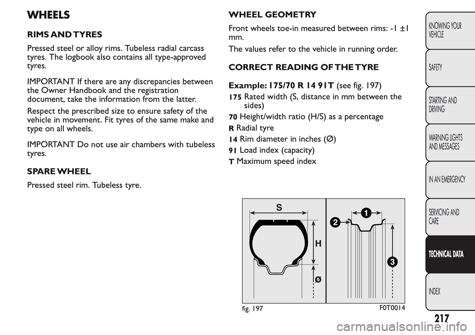 FIAT QUBO 2017 1.G Owners Manual WHEELS
RIMS AND TYRES
Pressed steel or alloy rims. Tubeless radial carcass
tyres. The logbook also contains all type-approved
tyres.
IMPORTANT If there are any discrepancies between
the Owner Handbook