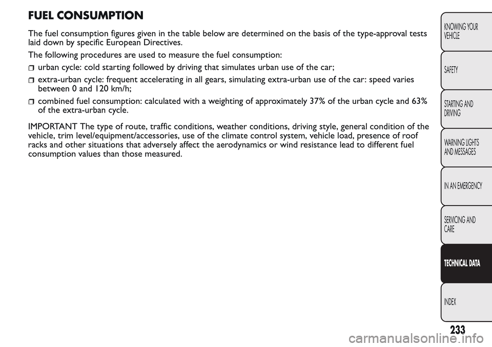 FIAT QUBO 2017 1.G Owners Manual FUEL CONSUMPTION
The fuel consumption figures given in the table below are determined on the basis of the type-approval tests
laid down by specific European Directives.
The following procedures are us FIAT QUBO 2017 1.G Owners Manual FUEL CONSUMPTION
The fuel consumption figures given in the table below are determined on the basis of the type-approval tests
laid down by specific European Directives.
The following procedures are us