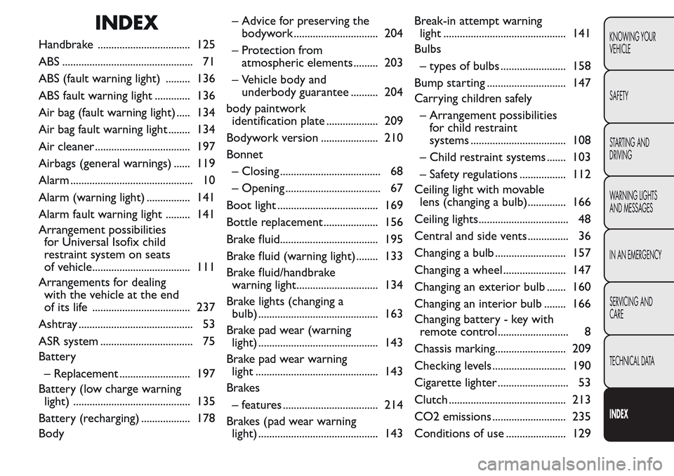 FIAT QUBO 2017 1.G Owners Manual INDEX
Handbrake .................................. 125
ABS ................................................ 71
ABS (fault warning light) ......... 136
ABS fault warning light ............. 136
Air bag