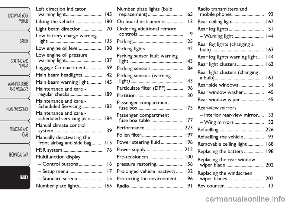 FIAT QUBO 2017 1.G User Guide Left direction indicator
warning light.............................. 145
Lifting the vehicle....................... 180
Light beam direction .................. 70
Low battery charge warning
light .... FIAT QUBO 2017 1.G User Guide Left direction indicator
warning light.............................. 145
Lifting the vehicle....................... 180
Light beam direction .................. 70
Low battery charge warning
light ....