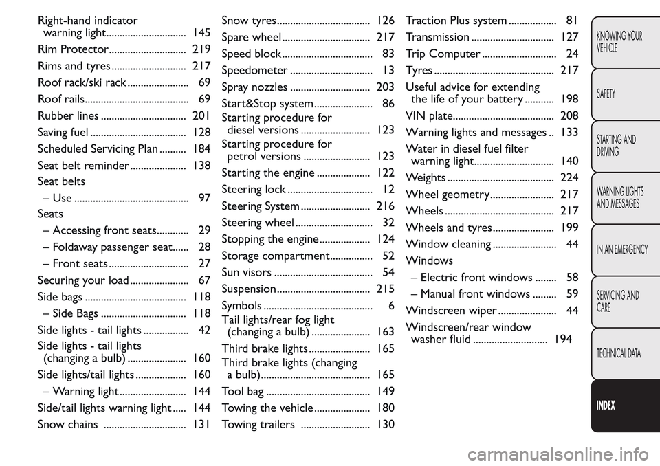 FIAT QUBO 2017 1.G Owners Manual Right-hand indicator
warning light.............................. 145
Rim Protector............................. 219
Rims and tyres ............................ 217
Roof rack/ski rack .................