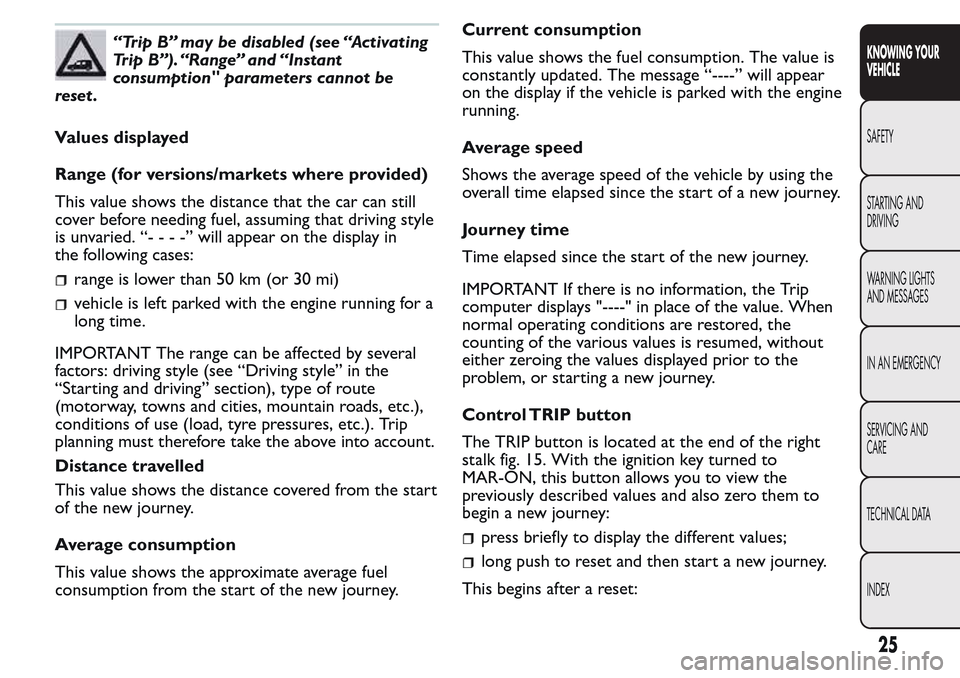 FIAT QUBO 2017 1.G Owners Manual “Trip B” may be disabled (see “Activating
Trip B”). “Range” and “Instant
consumption" parameters cannot be
reset .
Values displayed
Range (for versions/markets where provided)
This value FIAT QUBO 2017 1.G Owners Manual “Trip B” may be disabled (see “Activating
Trip B”). “Range” and “Instant
consumption" parameters cannot be
reset .
Values displayed
Range (for versions/markets where provided)
This value