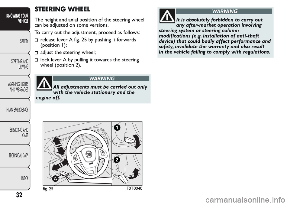 FIAT QUBO 2017 1.G Owners Guide STEERING WHEEL
The height and axial position of the steering wheel
can be adjusted on some versions.
To carry out the adjustment, proceed as follows:
release lever A fig. 25 by pushing it forwards
(po FIAT QUBO 2017 1.G Owners Guide STEERING WHEEL
The height and axial position of the steering wheel
can be adjusted on some versions.
To carry out the adjustment, proceed as follows:
release lever A fig. 25 by pushing it forwards
(po
