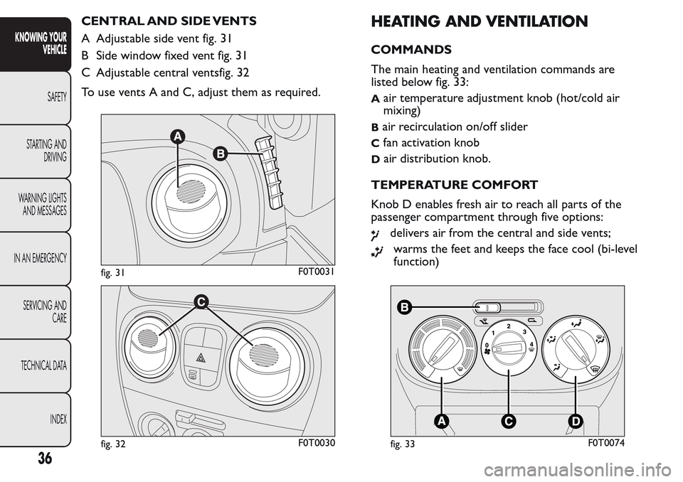 FIAT QUBO 2017 1.G Owners Guide CENTRAL AND SIDE VENTS
A Adjustable side vent fig. 31
B Side window fixed vent fig. 31
C Adjustable central ventsfig. 32
To use vents A and C, adjust them as required.HEATING AND VENTILATION
COMMANDS
FIAT QUBO 2017 1.G Owners Guide CENTRAL AND SIDE VENTS
A Adjustable side vent fig. 31
B Side window fixed vent fig. 31
C Adjustable central ventsfig. 32
To use vents A and C, adjust them as required.HEATING AND VENTILATION
COMMANDS