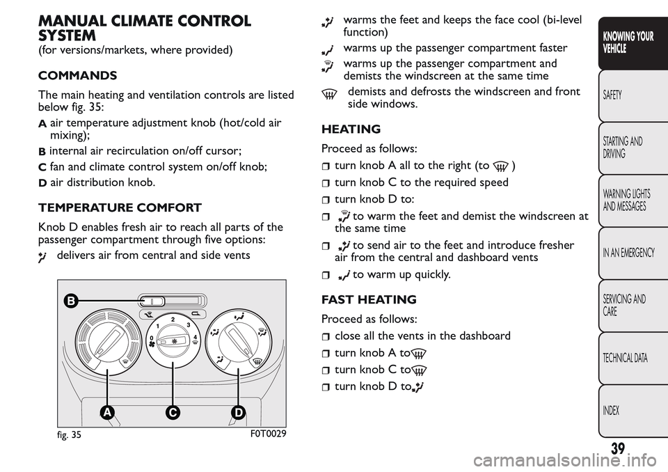 FIAT QUBO 2017 1.G Owners Manual MANUAL CLIMATE CONTROL
SYSTEM
(for versions/markets, where provided)
COMMANDS
The main heating and ventilation controls are listed
below fig. 35:
Aair temperature adjustment knob (hot/cold air
mixing)