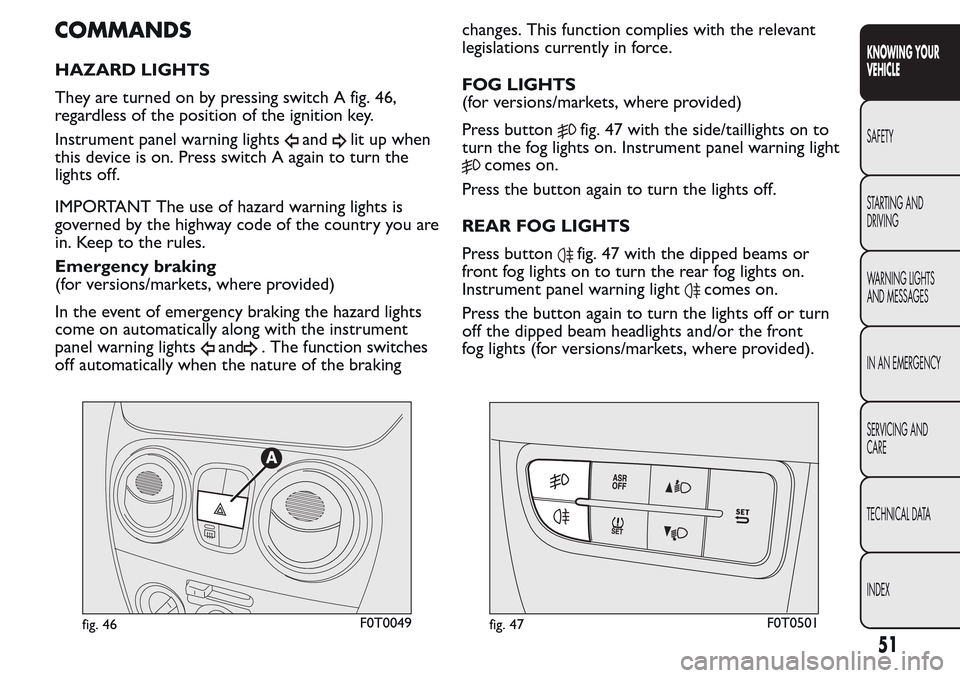 FIAT QUBO 2017 1.G Owners Manual COMMANDS
HAZARD LIGHTS
They are turned on by pressing switch A fig. 46,
regardless of the position of the ignition key.
Instrument panel warning lights
andlit up when
this device is on. Press switch A FIAT QUBO 2017 1.G Owners Manual COMMANDS
HAZARD LIGHTS
They are turned on by pressing switch A fig. 46,
regardless of the position of the ignition key.
Instrument panel warning lights
andlit up when
this device is on. Press switch A