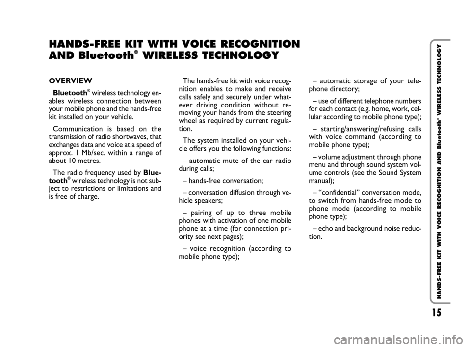 FIAT QUBO 2008 1.G Bluetooth Manual 15
HANDS-FREE KIT WITH VOICE RECOGNITION AND Bluetooth
®WIRELESS TECHNOLOGY
OVERVIEW
Bluetooth
®wireless technology en-
ables wireless connection between
your mobile phone and the hands-free
kit ins FIAT QUBO 2008 1.G Bluetooth Manual 15
HANDS-FREE KIT WITH VOICE RECOGNITION AND Bluetooth
®WIRELESS TECHNOLOGY
OVERVIEW
Bluetooth
®wireless technology en-
ables wireless connection between
your mobile phone and the hands-free
kit ins