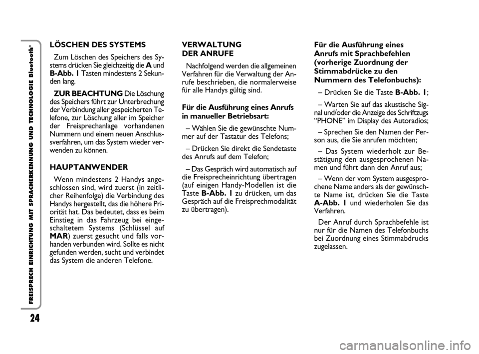 FIAT QUBO 2008 1.G Bluetooth Manual 24
FREISPRECH EINRICHTUNG MIT SPRACHERKENNUNG UND TECHNOLOGIE Bluetooth
®LÖSCHEN DES SYSTEMS
Zum Löschen des Speichers des Sy-
stems drücken Sie gleichzeitig die Aund
B-Abb. 1Tasten mindestens 2 S