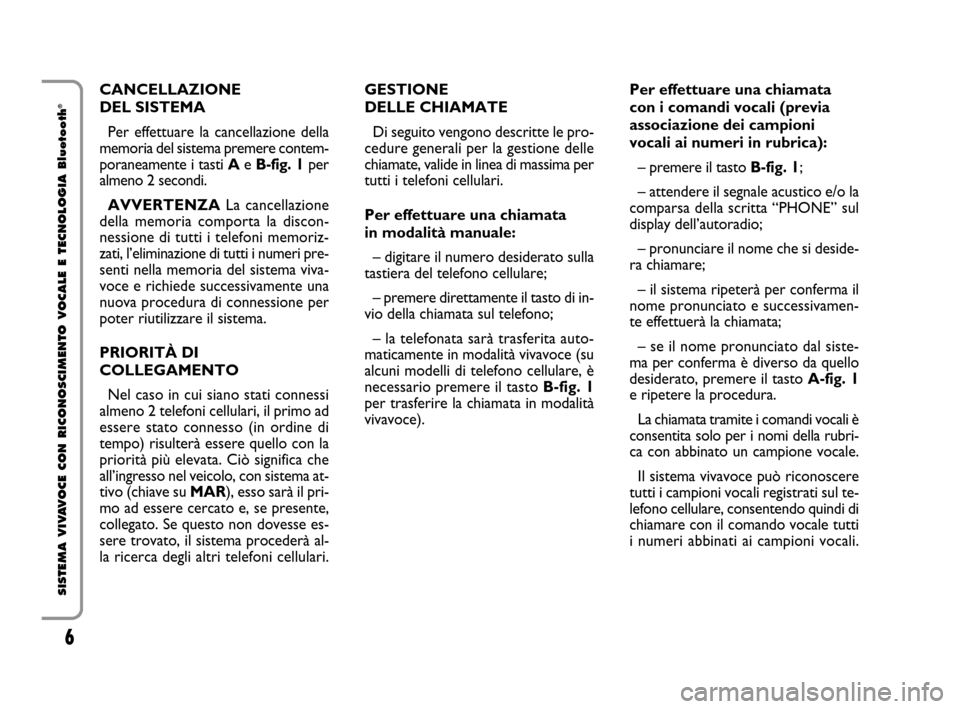 FIAT QUBO 2008 1.G Bluetooth Manual 6
SISTEMA VIVAVOCE CON RICONOSCIMENTO VOCALE E TECNOLOGIA Bluetooth
®CANCELLAZIONE
DEL SISTEMA
Per effettuare la cancellazione della
memoria del sistema premere contem-
poraneamente i tasti A eB-fig. FIAT QUBO 2008 1.G Bluetooth Manual 6
SISTEMA VIVAVOCE CON RICONOSCIMENTO VOCALE E TECNOLOGIA Bluetooth
®CANCELLAZIONE
DEL SISTEMA
Per effettuare la cancellazione della
memoria del sistema premere contem-
poraneamente i tasti A eB-fig.
