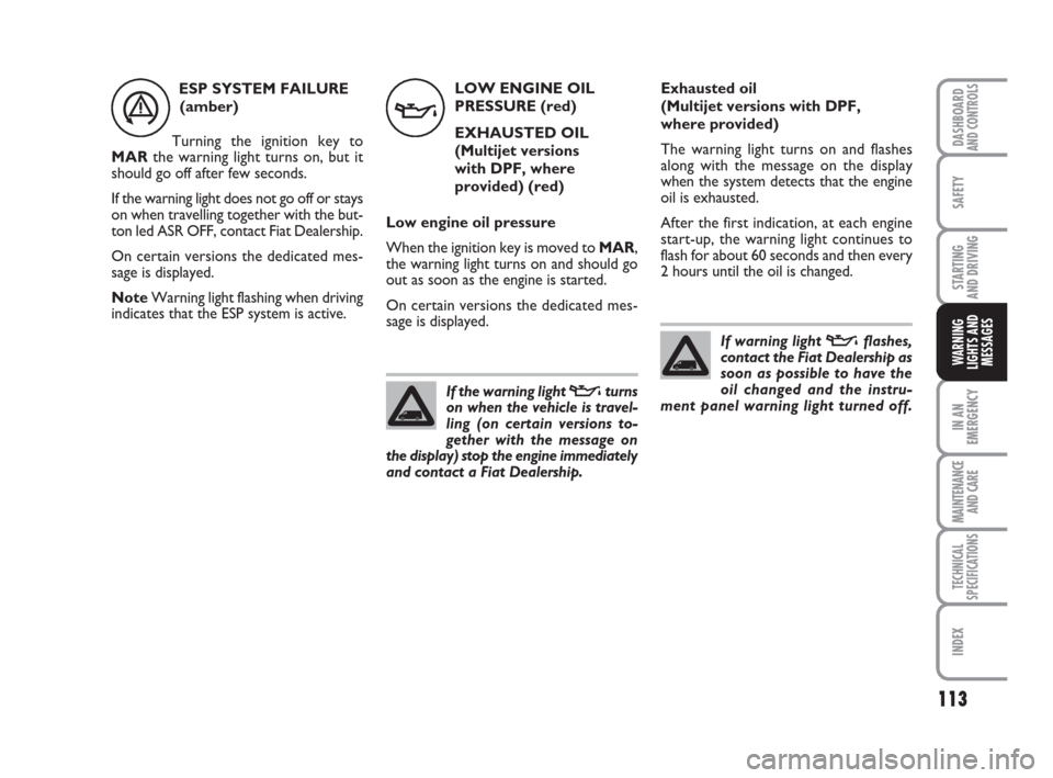 FIAT QUBO 2008 1.G Owners Manual 113
SAFETY
IN AN
EMERGENCY
MAINTENANCE
AND CARE 
TECHNICAL
SPECIFICATIONS
INDEX
DASHBOARDAND CONTROLS
STARTING 
AND DRIVING
WARNING
LIGHTS AND
MESSAGES
v
LOW ENGINE OIL
PRESSURE (red)
EXHAUSTED OIL
(M