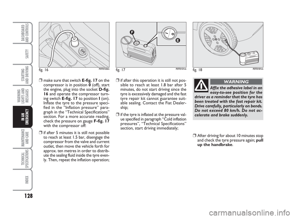 FIAT QUBO 2008 1.G User Guide 128
SAFETY
MAINTENANCE
AND CARE 
TECHNICAL
SPECIFICATIONS
INDEX
DASHBOARDAND CONTROLS
STARTING 
AND DRIVING
WARNING
LIGHTS AND
MESSAGES
IN AN
EMERGENCY
❒make sure that switch E-fig. 17on the
compres