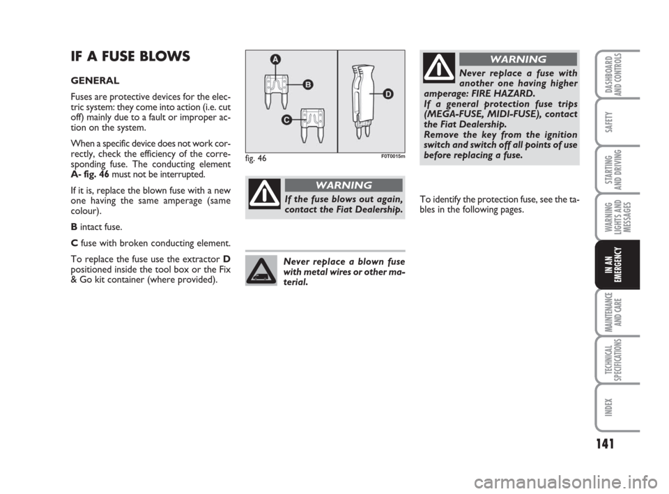 FIAT QUBO 2008 1.G Owners Manual 141
SAFETY
MAINTENANCE
AND CARE
TECHNICAL
SPECIFICATIONS
INDEX
DASHBOARDAND CONTROLS
STARTING
AND DRIVING
WARNING
LIGHTS AND
MESSAGES
IN AN
EMERGENCY
IF A FUSE BLOWS
GENERAL
Fuses are protective dev FIAT QUBO 2008 1.G Owners Manual 141
SAFETY
MAINTENANCE
AND CARE
TECHNICAL
SPECIFICATIONS
INDEX
DASHBOARDAND CONTROLS
STARTING
AND DRIVING
WARNING
LIGHTS AND
MESSAGES
IN AN
EMERGENCY
IF A FUSE BLOWS
GENERAL
Fuses are protective dev