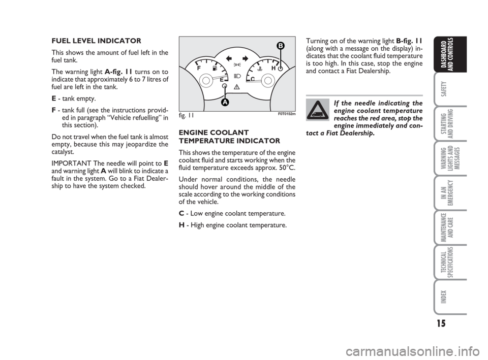 FIAT QUBO 2008 1.G Owners Manual 15
SAFETY
STARTING 
AND DRIVING
WARNING
LIGHTS AND
MESSAGES
IN AN
EMERGENCY
MAINTENANCE
AND CARE 
TECHNICAL
SPECIFICATIONS
INDEX
DASHBOARD
AND CONTROLS
FUEL LEVEL INDICATOR
This shows the amount of fu