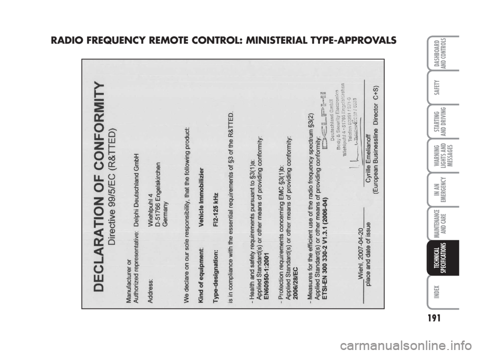 FIAT QUBO 2008 1.G Owners Manual 191
SAFETY
INDEX
DASHBOARDAND CONTROLS
STARTING
AND DRIVING
WARNING
LIGHTS AND
MESSAGES
IN AN
EMERGENCY
MAINTENANCE
AND CARE
TECHNICAL
SPECIFICATIONS
RADIO FREQUENCY REMOTE CONTROL: MINISTERIAL TYPE FIAT QUBO 2008 1.G Owners Manual 191
SAFETY
INDEX
DASHBOARDAND CONTROLS
STARTING
AND DRIVING
WARNING
LIGHTS AND
MESSAGES
IN AN
EMERGENCY
MAINTENANCE
AND CARE
TECHNICAL
SPECIFICATIONS
RADIO FREQUENCY REMOTE CONTROL: MINISTERIAL TYPE