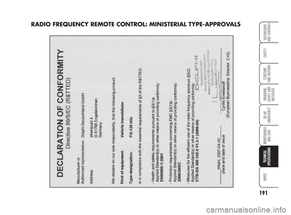 FIAT QUBO 2009 1.G Owners Manual 191
SAFETY
INDEX
DASHBOARDAND CONTROLS
STARTING
AND DRIVING
WARNING
LIGHTS AND
MESSAGES
IN AN
EMERGENCY
MAINTENANCE
AND CARE
TECHNICAL
SPECIFICATIONS
RADIO FREQUENCY REMOTE CONTROL: MINISTERIAL TYPE FIAT QUBO 2009 1.G Owners Manual 191
SAFETY
INDEX
DASHBOARDAND CONTROLS
STARTING
AND DRIVING
WARNING
LIGHTS AND
MESSAGES
IN AN
EMERGENCY
MAINTENANCE
AND CARE
TECHNICAL
SPECIFICATIONS
RADIO FREQUENCY REMOTE CONTROL: MINISTERIAL TYPE