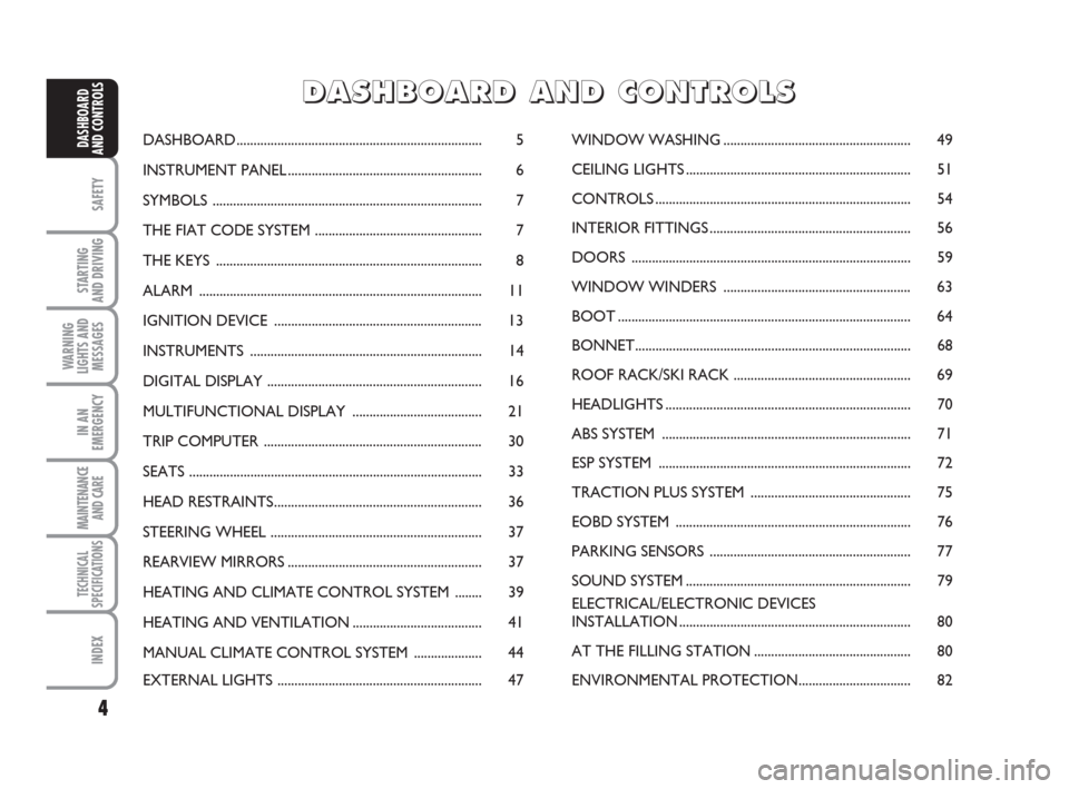 FIAT QUBO 2009 1.G Owners Manual 4
SAFETY
STARTING 
AND DRIVING
WARNING
LIGHTS AND
MESSAGES
IN AN
EMERGENCY
MAINTENANCE
AND CARE 
TECHNICAL
SPECIFICATIONS
INDEX
DASHBOARD
AND CONTROLSDASHBOARD.........................................