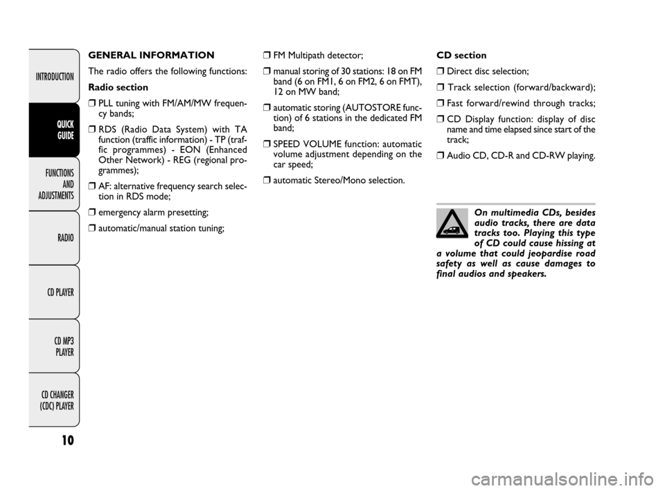 FIAT QUBO 2009 1.G Radio CD MP3 Manual 10
INTRODUCTION
FUNCTIONS 
AND 
ADJUSTMENTS
RADIO
CD PLAYER
CD MP3 
PLAYER
CD CHANGER 
(CDC) PLAYER
QUICK 
GUIDE
❒FM Multipath detector;
❒manual storing of 30 stations: 18 on FM
band (6 on FM1, 6 