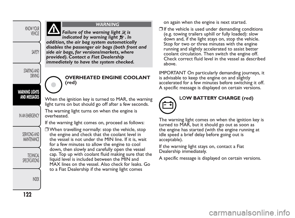 FIAT QUBO 2010 1.G Owners Manual WARNING
Failure of the warning lightis
indicated by warning light
.In
addition, the air bag system automatically
disables the passenger air bags (both front and
side air bags, for versions/markets, wh FIAT QUBO 2010 1.G Owners Manual WARNING
Failure of the warning lightis
indicated by warning light
.In
addition, the air bag system automatically
disables the passenger air bags (both front and
side air bags, for versions/markets, wh