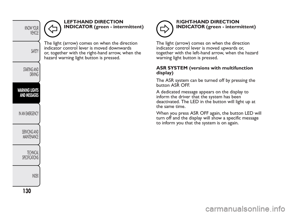 FIAT QUBO 2010 1.G Owners Manual LEFT-HAND DIRECTION
INDICATOR (green - intermittent)
The light (arrow) comes on when the direction
indicator control lever is moved downwards
or, together with the right-hand arrow, when the
hazard wa