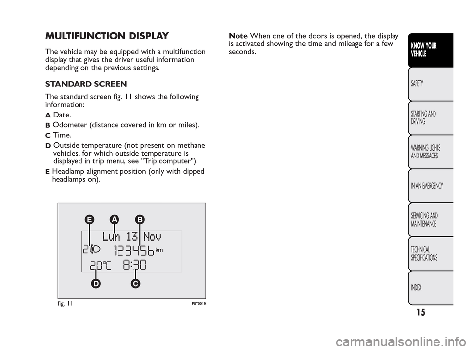 FIAT QUBO 2010 1.G Owners Manual MULTIFUNCTION DISPLAY
The vehicle may be equipped with a multifunction
display that gives the driver useful information
depending on the previous settings.
STANDARD SCREEN
The standard screen fig. 11 