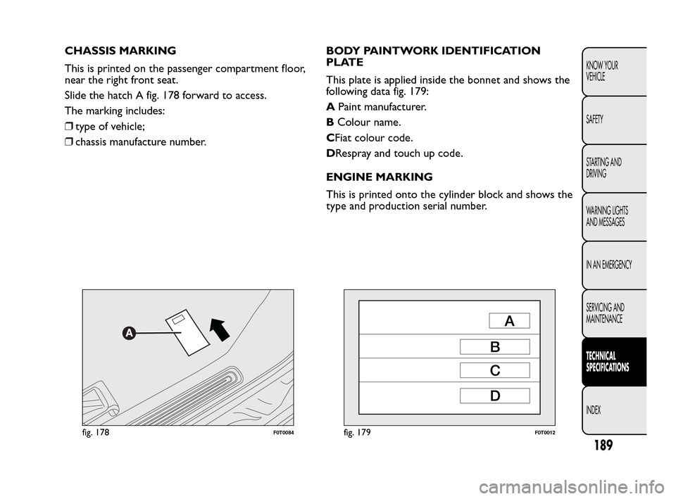 FIAT QUBO 2010 1.G Owners Manual CHASSIS MARKING
This is printed on the passenger compartment floor,
near the right front seat.
Slide the hatch A fig. 178 forward to access.
The marking includes:
❒type of vehicle;
❒chassis manufa FIAT QUBO 2010 1.G Owners Manual CHASSIS MARKING
This is printed on the passenger compartment floor,
near the right front seat.
Slide the hatch A fig. 178 forward to access.
The marking includes:
❒type of vehicle;
❒chassis manufa