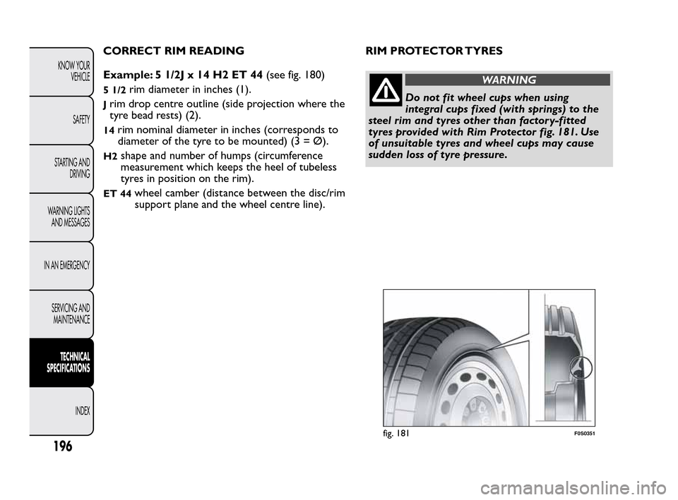 FIAT QUBO 2010 1.G Owners Manual CORRECT RIM READING
Example: 5 1/2J x 14 H2 ET 44(see fig. 180)
5 1/2rim diameter in inches (1).
Jrim drop centre outline (side projection where the
tyre bead rests) (2).
14rim nominal diameter in inc FIAT QUBO 2010 1.G Owners Manual CORRECT RIM READING
Example: 5 1/2J x 14 H2 ET 44(see fig. 180)
5 1/2rim diameter in inches (1).
Jrim drop centre outline (side projection where the
tyre bead rests) (2).
14rim nominal diameter in inc