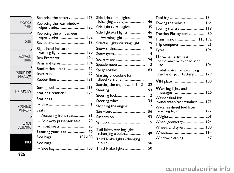 FIAT QUBO 2010 1.G Owners Manual Replacing the battery ................ 178
Replacing the rear window
wiper blade................................ 182
Replacing the windscreen
wiper blades .............................. 182
Rev counte