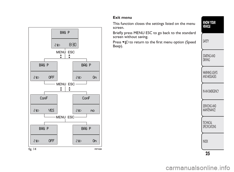 FIAT QUBO 2010 1.G Owners Manual Exit menu
This function closes the settings listed on the menu
screen.
Briefly press MENU ESC to go back to the standard
screen without saving.
Press
to return to the first menu option (Speed
Beep).
f FIAT QUBO 2010 1.G Owners Manual Exit menu
This function closes the settings listed on the menu
screen.
Briefly press MENU ESC to go back to the standard
screen without saving.
Press
to return to the first menu option (Speed
Beep).
f