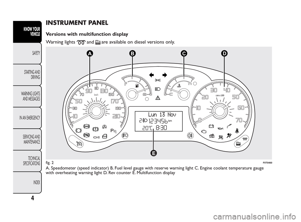FIAT QUBO 2010 1.G Owners Manual INSTRUMENT PANEL
Versions with multifunction display
Warning lights
andare available on diesel versions only.
A. Speedometer (speed indicator) B. Fuel level gauge with reserve warning light C. Engine 