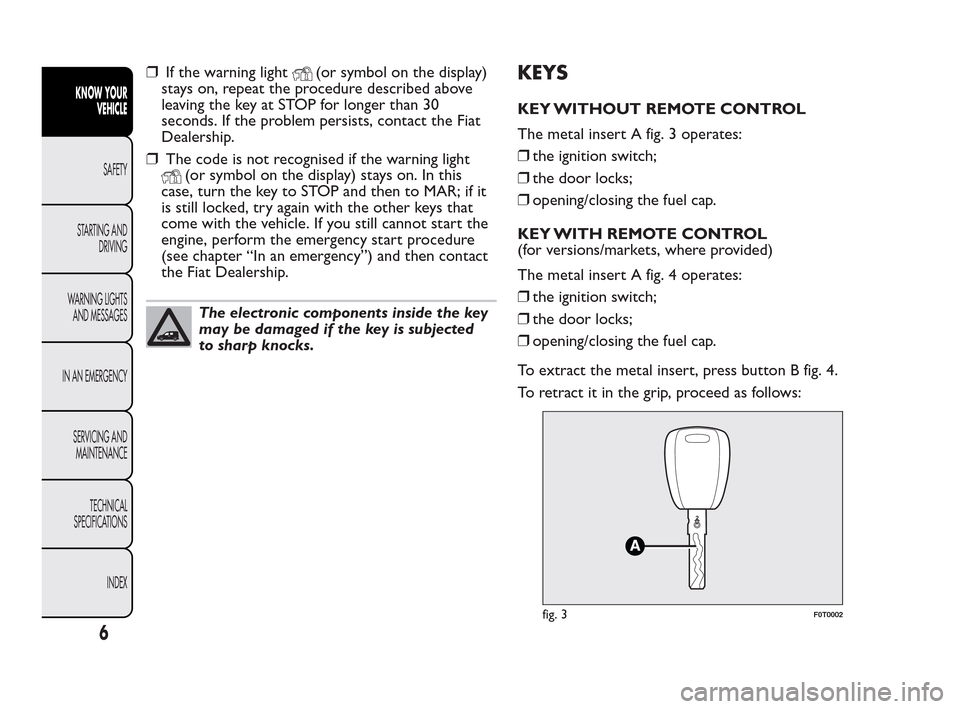 FIAT QUBO 2010 1.G Owners Manual ❒If the warning light(or symbol on the display)
stays on, repeat the procedure described above
leaving the key at STOP for longer than 30
seconds. If the problem persists, contact the Fiat
Dealershi FIAT QUBO 2010 1.G Owners Manual ❒If the warning light(or symbol on the display)
stays on, repeat the procedure described above
leaving the key at STOP for longer than 30
seconds. If the problem persists, contact the Fiat
Dealershi