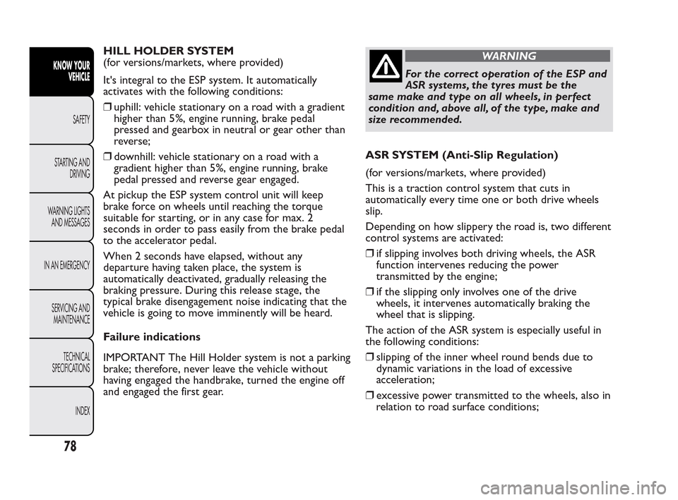 FIAT QUBO 2010 1.G Manual PDF HILL HOLDER SYSTEM
(for versions/markets, where provided)
Its integral to the ESP system. It automatically
activates with the following conditions:
❒uphill: vehicle stationary on a road with a grad FIAT QUBO 2010 1.G Manual PDF HILL HOLDER SYSTEM
(for versions/markets, where provided)
Its integral to the ESP system. It automatically
activates with the following conditions:
❒uphill: vehicle stationary on a road with a grad