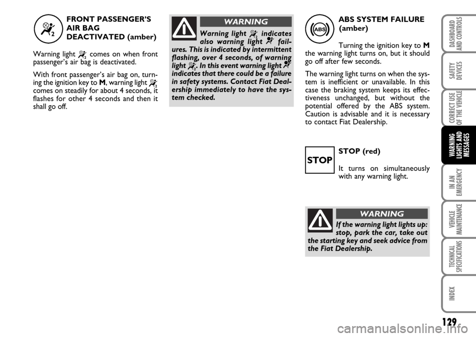 FIAT SCUDO 2007 2.G Owners Manual 129
IN AN
EMERGENCY
VEHICLE
MAINTENANCE
TECHNICAL
SPECIFICATIONS
INDEX
DASHBOARD
AND CONTROLS
SAFETY
DEVICES
CORRECT USE
OF THE 
VEHICLE
WARNING
LIGHTS AND
MESSAGESSTOP (red)
It turns on simultaneousl