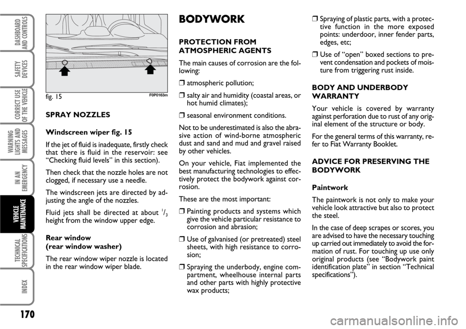 FIAT SCUDO 2007 2.G Owners Manual 170
WARNING
LIGHTS AND
MESSAGES
TECHNICAL
SPECIFICATIONS
INDEX
DASHBOARD
AND CONTROLS
SAFETY
DEVICES
CORRECT USE
OF THE 
VEHICLE
IN AN
EMERGENCY
VEHICLE
MAINTENANCE
❒Spraying of plastic parts, with 