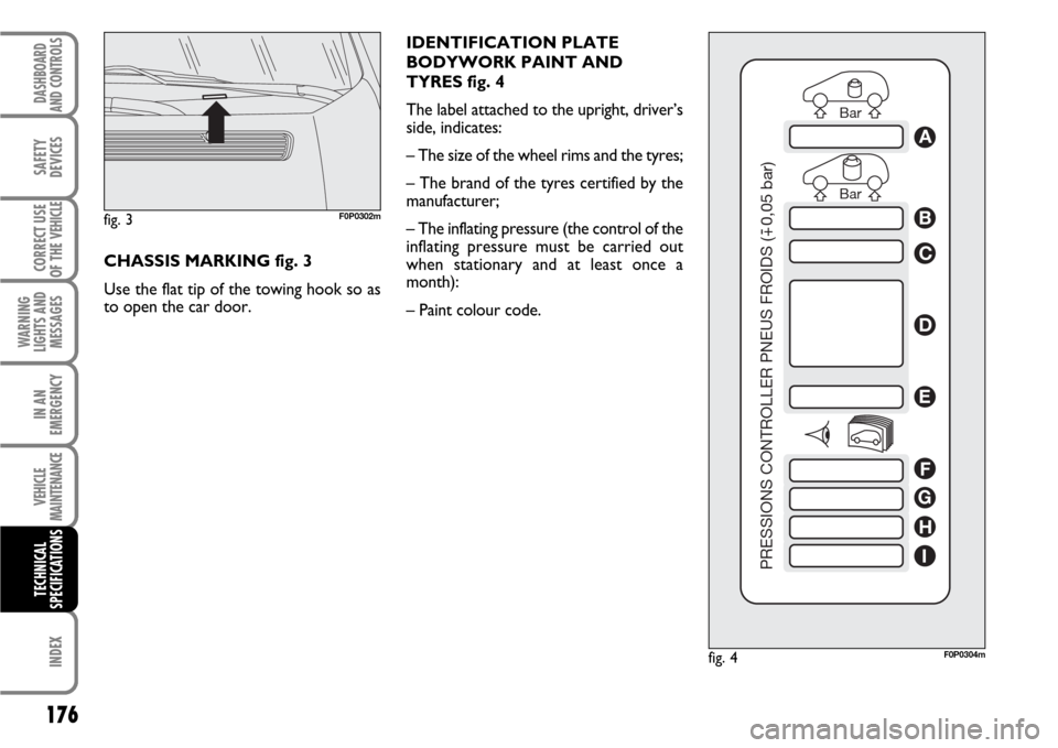 FIAT SCUDO 2007 2.G Owners Manual IDENTIFICATION PLATE
BODYWORK PAINT AND
TYRES fig. 4
The label attached to the upright, driver’s
side, indicates:
– The size of the wheel rims and the tyres;
– The brand of the tyres certified b