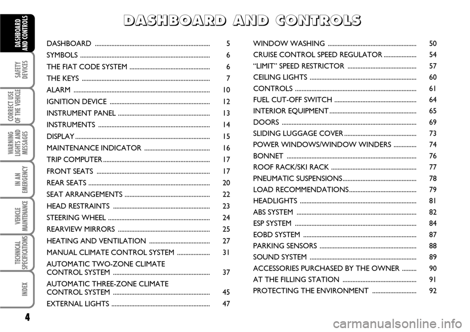 FIAT SCUDO 2007 2.G Owners Manual 4
SAFETY
DEVICES
CORRECT USE
OF THE 
VEHICLE
WARNING
LIGHTS AND
MESSAGES
IN AN
EMERGENCY
VEHICLE
MAINTENANCE
TECHNICAL
SPECIFICATIONS
INDEX
DASHBOARD
AND CONTROLSDASHBOARD ............................