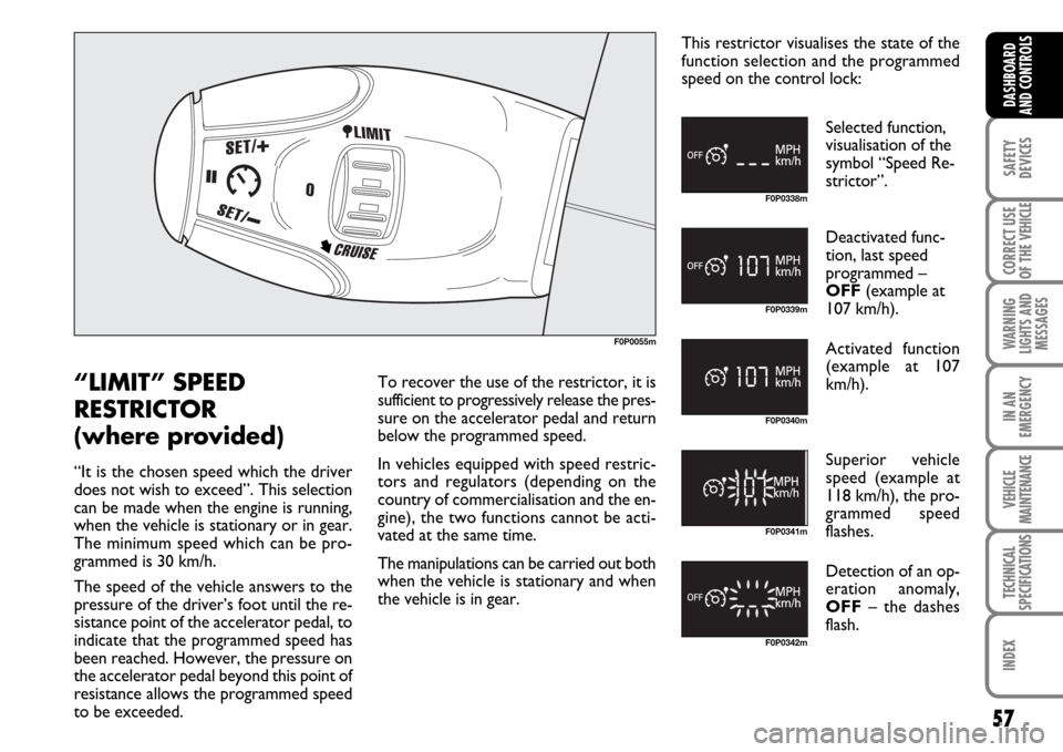 FIAT SCUDO 2007 2.G Workshop Manual 57
SAFETY
DEVICES
CORRECT USE
OF THE 
VEHICLE
WARNING
LIGHTS AND
MESSAGES
IN AN
EMERGENCY
VEHICLE
MAINTENANCE
TECHNICAL
SPECIFICATIONS
INDEX
DASHBOARD
AND CONTROLS
F0P0055m
F0P0338m
F0P0339m
F0P0340m
